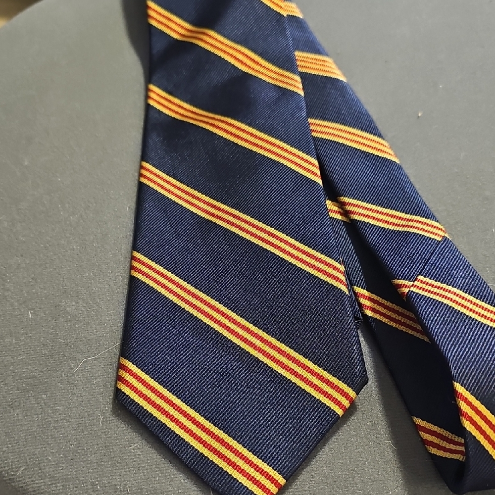 Classic Navy Stripe Men's Tie with Gold and Red Accent. Saddlebred 100% Silk